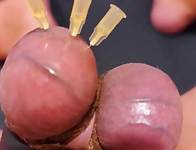 Testicle Skewering CBT, Edging  and Cumshot with 3 Needles, Precum  and Stretched Balls