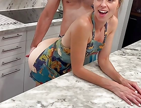 Hotwife fucks three cocks in the kitchen while beseeching for double creampie achieving