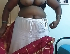 desi  indian tamil telugu kannada malayalam hindi scalding cheating wife vanitha wearing cherry red colour saree way obese chest plus shaved pussy press hard chest press nip rubbing pussy violation